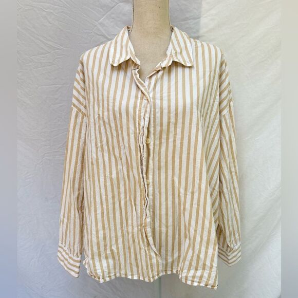 Old Navy Tan and White Striped Shirt - Picture 1 of 7